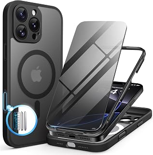 BERFY Magnetic for iPhone 16 Pro Max Case, Compatible with MagSafe, with Privacy Screen Protector, [Upgraded Camera Protection], 2-Layer Bumper Full Body Translucent Matte Phone Case 6.9", Black