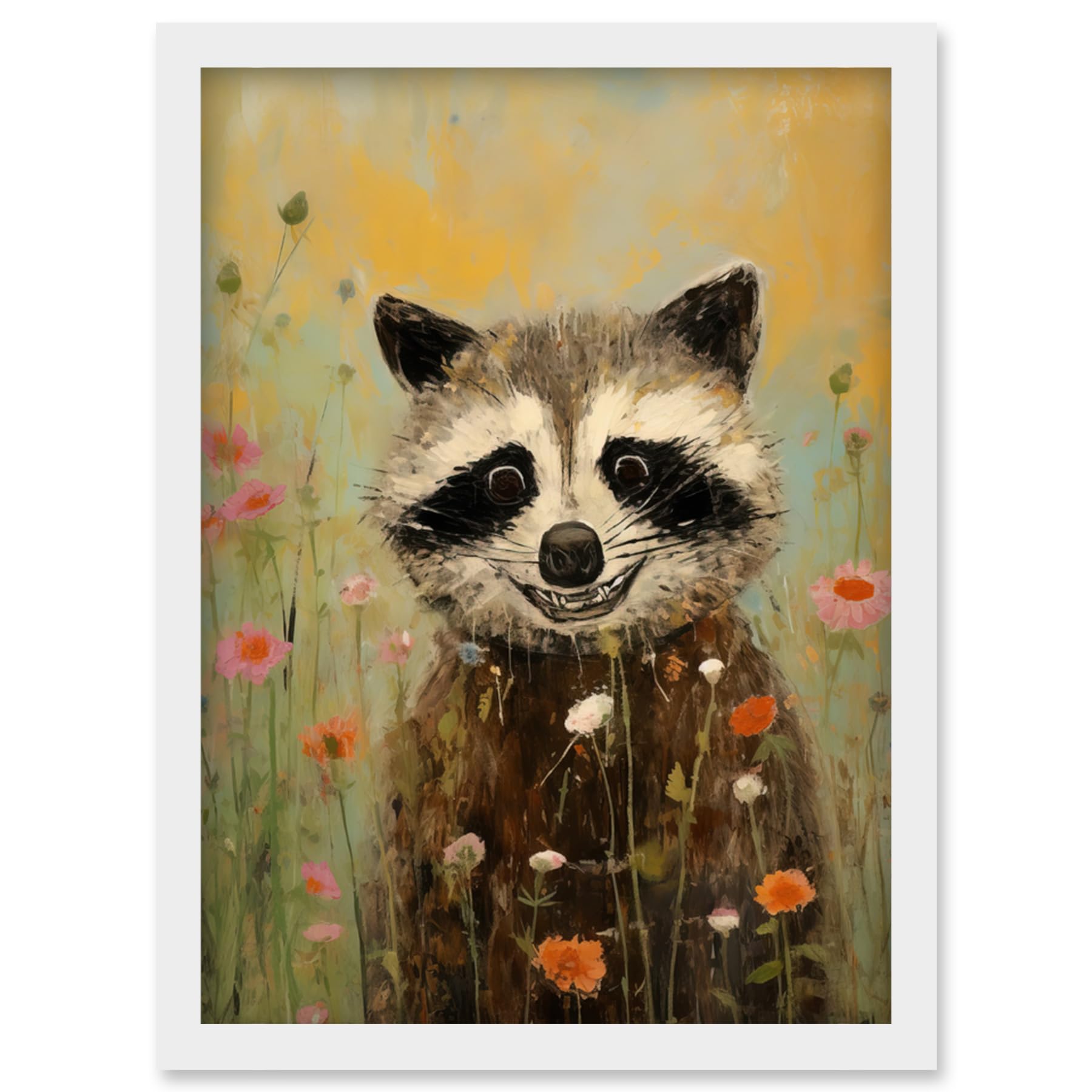 Artery8 Gleeful Raccoon Picking Flowers Oil Painting Red White Blooms Spring Meadow Landscape Kids Bedroom Artwork Framed Wall Art Print A4