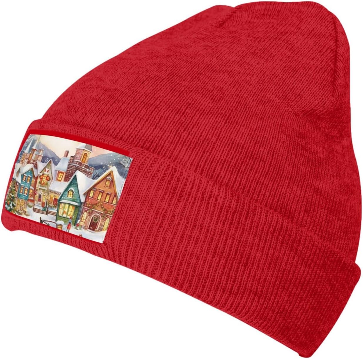 Knitted Hat Watercolor Magic Christmas Village Print Beanie for Women Soft Warm Beanie Cap Casual Knit Hat Men Winter Beanies Red