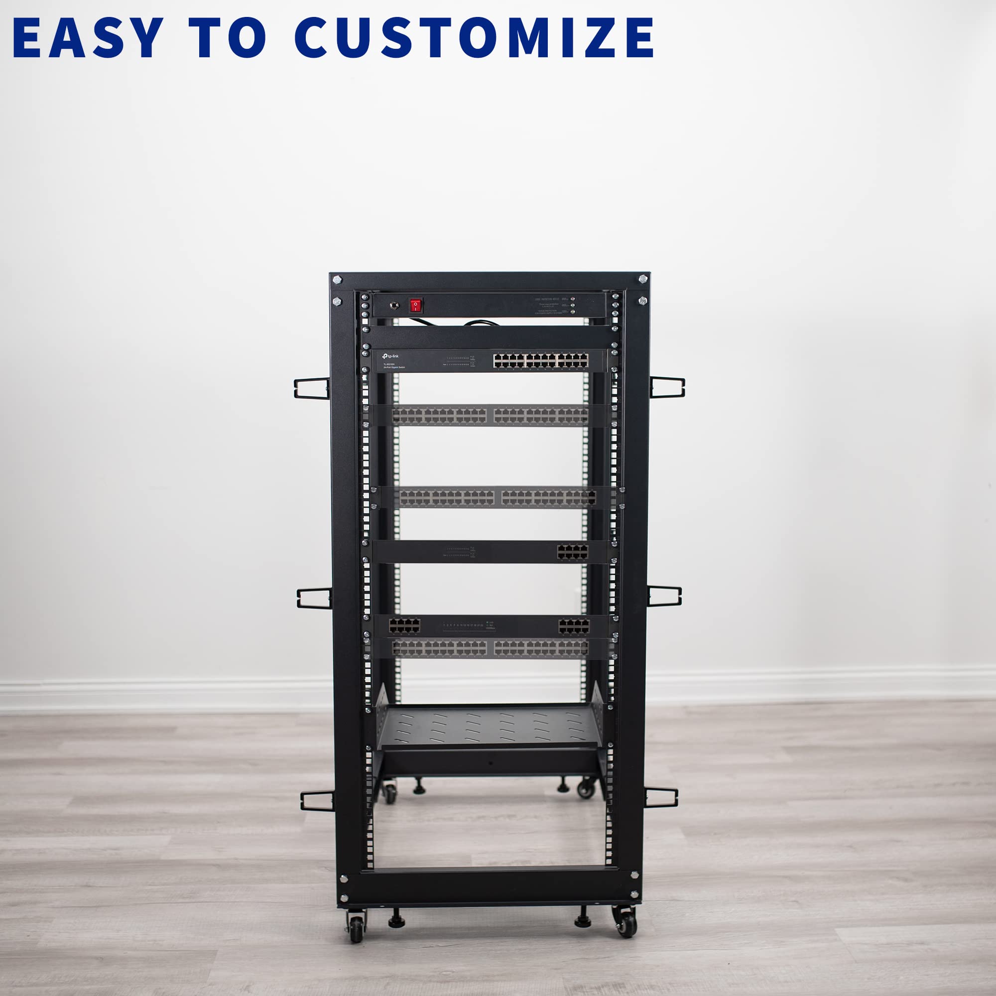 VIVO CART-SR25U - Rack per server a telaio aperto, 25U, profondità regolabile da 22 a 40 pollici, carrello mobile per server e apparecchiature AV di rete, nero