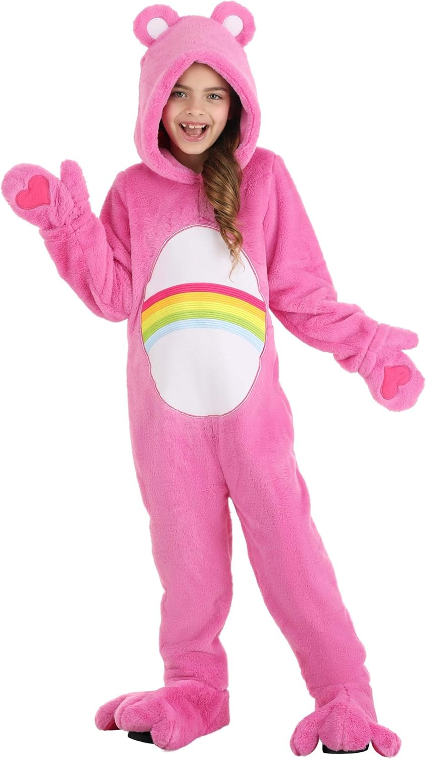 Girl's Care Bears Deluxe Cheer Bear Halloween Costume | Pink Hooded Jumpsuit Outfit for Kids' Themed Parties