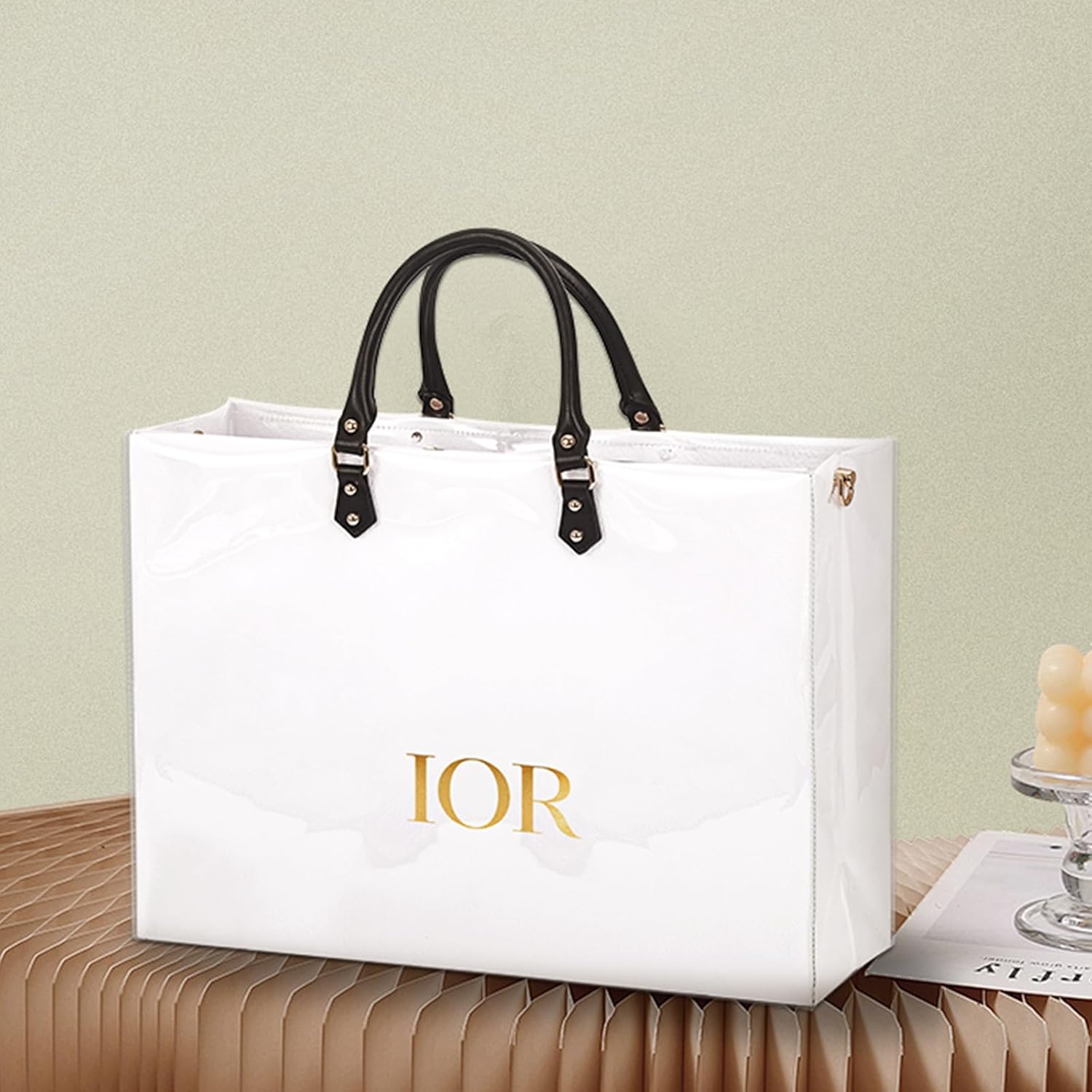 KTNGY Clear TPU Tote Bag DIY Kit - Luxury Paper Bag Purse Making Kit Compatible with Dior Shopping Bags with Leather Handles, Base Plate & Hardware, Upcycled Handbag Making Supplies (White-L)