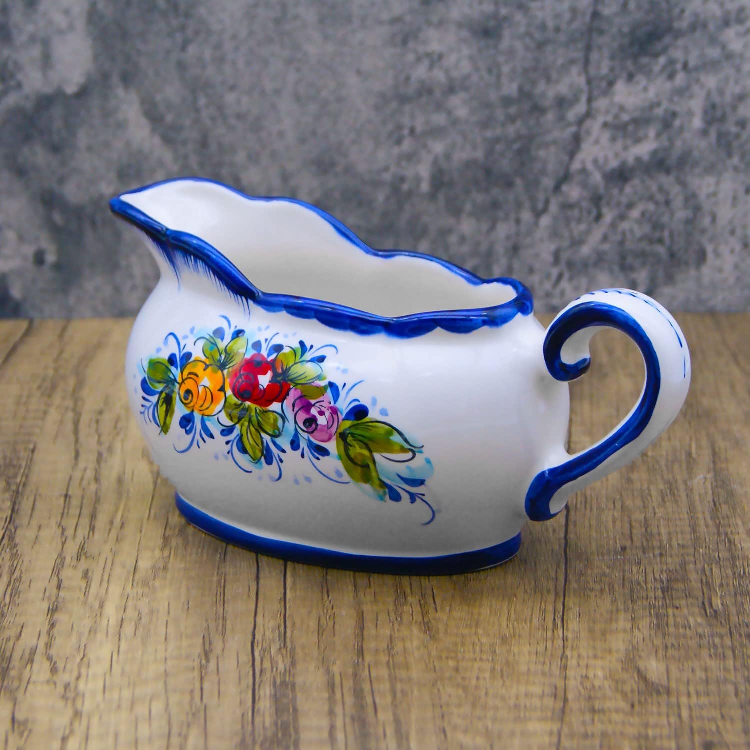 Portuguese Ceramic Gravy Boat, Hand-Painted Floral Design, 8 oz and 16 oz, Microwave Safe (16 fl.oz)