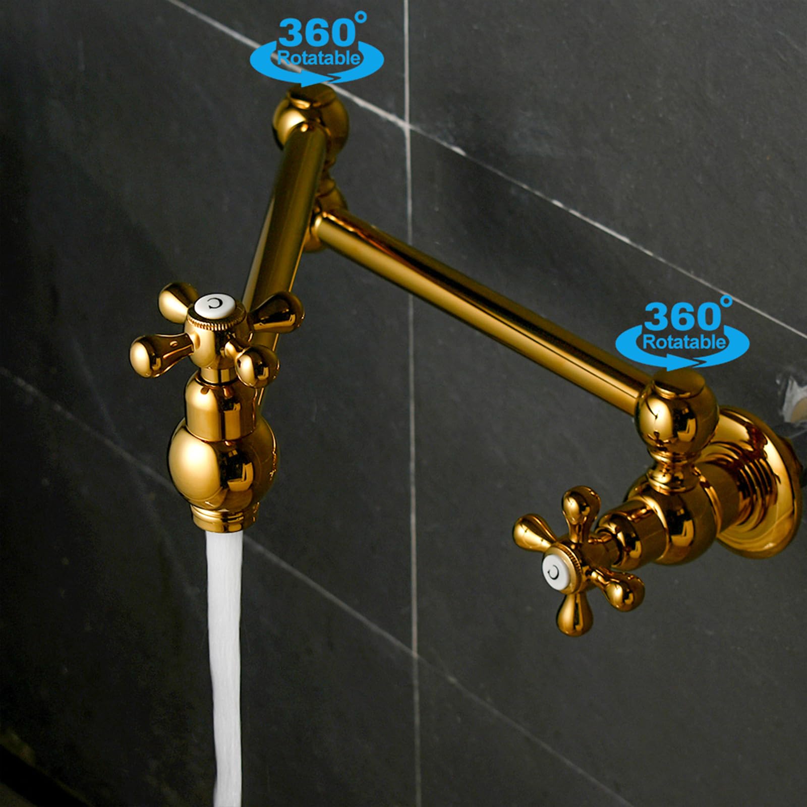 KAITAIHD Kitchen Faucet, Single Hole Mount Pot Filler Faucet Tap with Folding Stretchable Double Joint Swing Arm, Polished Gold - Image 4