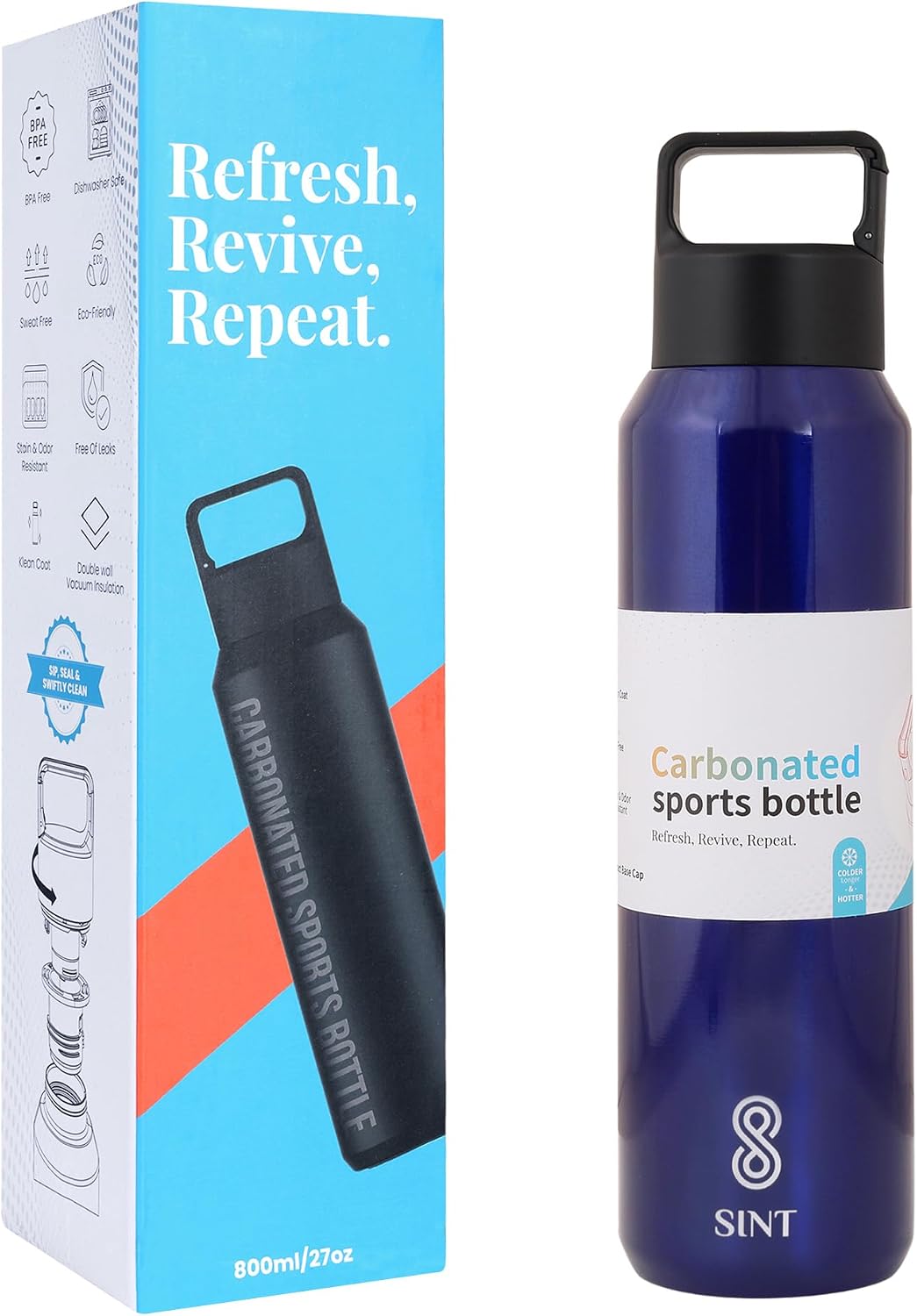 SINT Carbonated Sports Water Bottle - 27 Oz, Leak Proof - Stainless Steel, Gym & Sports Bottles for Men & Women, Double Walled & Vacuum Insulated With Dishwasher Safe, Pack of 1 | Blue