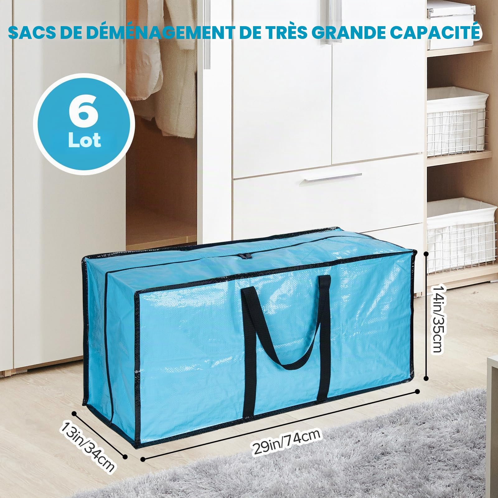Lot de 6 boîtes de déménagement extra larges avec couvercle et fermetures éclair, grandes boîtes de rangement robustes pour déménagement, vêtements, couettes, voyages, sacs à linge, sacs d'emballage