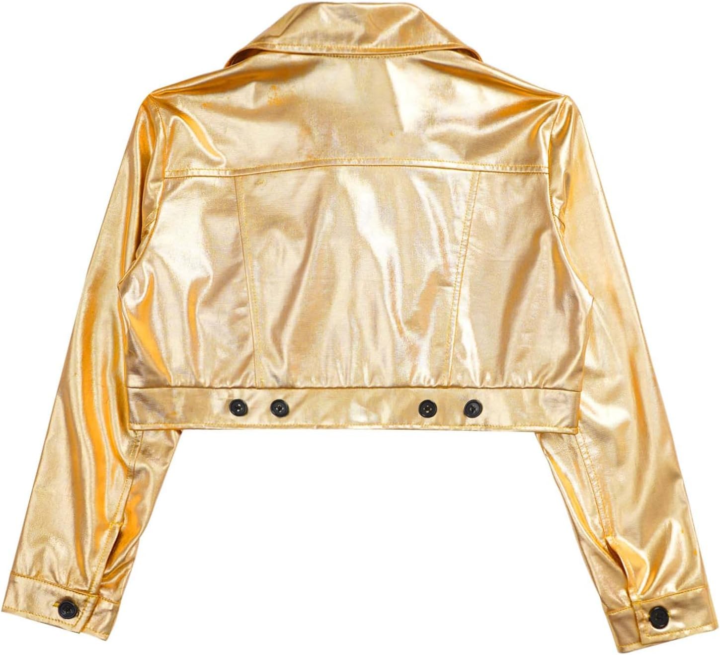 FEESHOW Kids Girls Boys Metallic Bomber Motor Jacket Coat Hip Hop Jazz Modern Dance Tops Disco Party Performance Wear