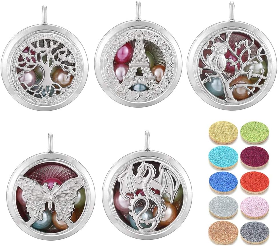 5pcs Mixed Pearl Cage Floating Pendant Aroma Diffuser Charms Stainless Steel Tone Perfume Essential Oil Diffuser Necklace Pendant Locket Jewelry (Style 1)