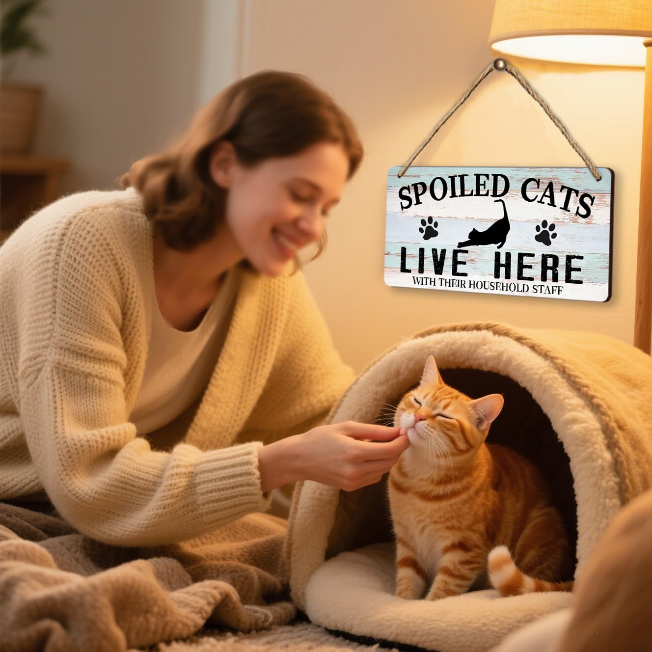Funny Cat Sign Home Wall Decor - Wooden Cat Welcome Hanging Signs, Gifts for Cat Lovers - Spoiled Cats Live Here with Their Staff Sign - Cattery & Cat Cave Decor Gift (6x12 Inches)