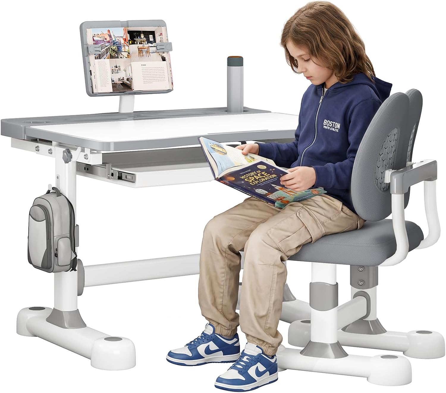 Kids Desk and Chair Set, Height Adjustable Study Desk with 0-50° Tiltable Desktop, Ergonomic Chair, Built-in Storage Drawer and Book Stand, Writing Drawing Table for Kids Ages 3-12 (Grey)