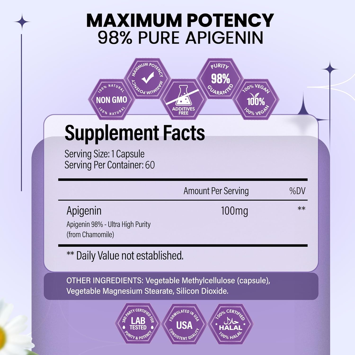 Apigenin Supplement 100mg│98% Highly Purified│Apigenin Supplement for Sleep, Mood, Cognition and Relaxation│Non-GMO, No Fillers - 60 Capsules - Image 2