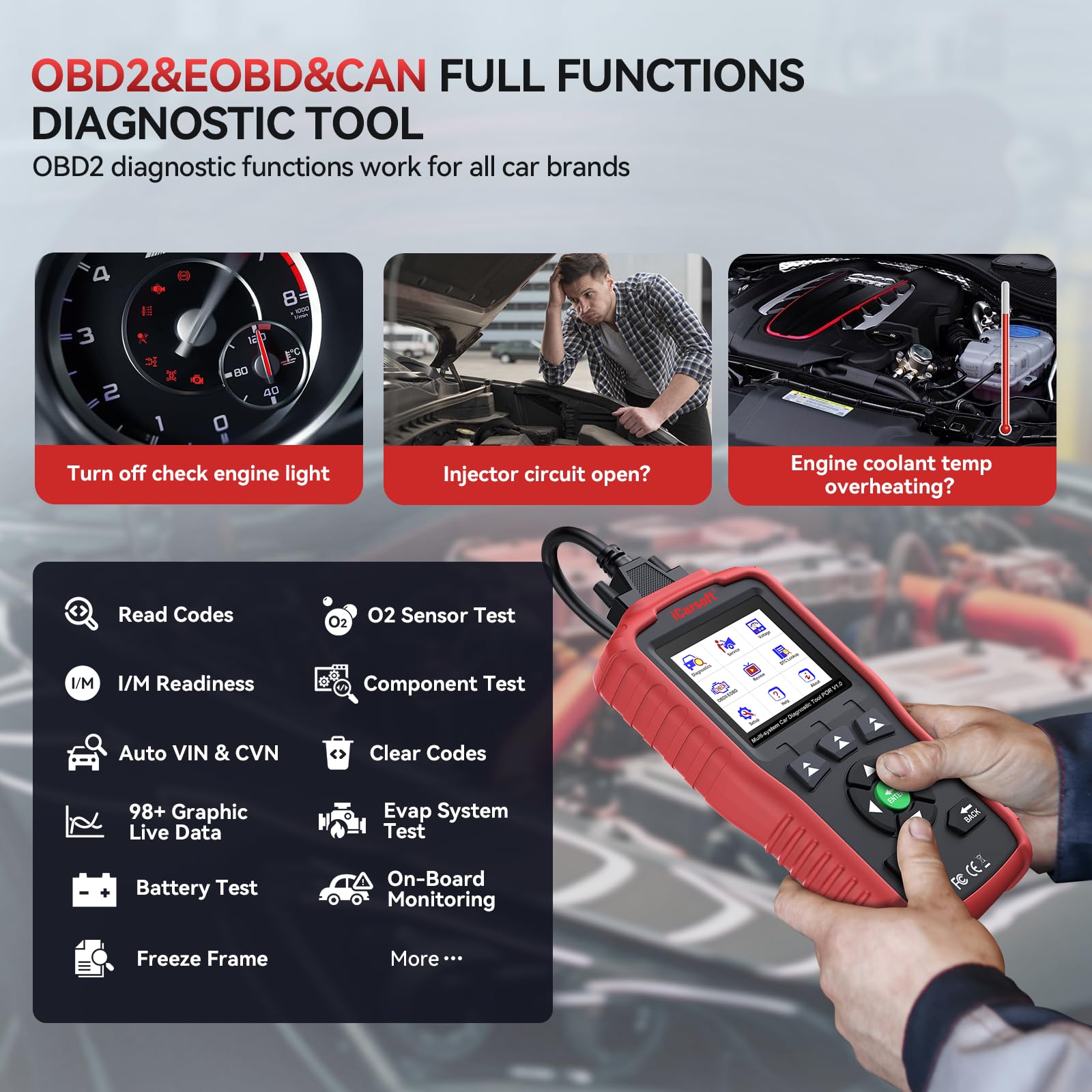 iCarsoft Escáner OBD2 para Porsche, sistema completo POR V1.0, herramienta de diagnóstico de coche, lector de código automotriz con reinicio de aceite/SAS, prueba de batería, datos gráficos en vivo