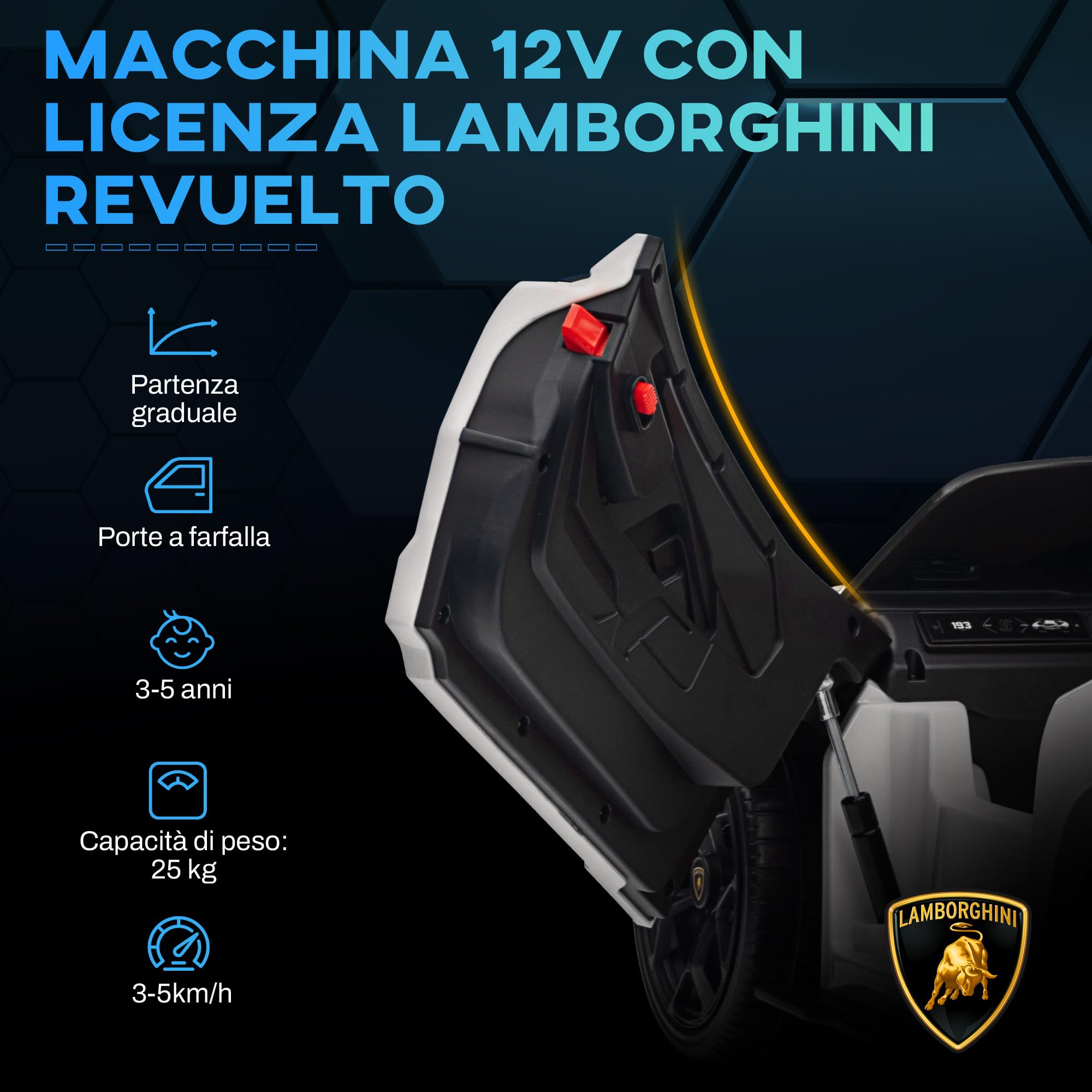 AIYAPLAY Macchina Elettrica per Bambini 12V Lamborghini Revuelto, Bianco | 3-5Anni, 3-5km/h, Auto Elettrica per Bambini, Porte a Farfalla, 2 Motori, Sospensioni, Telecomando, Musica, Rotelle, Fari
