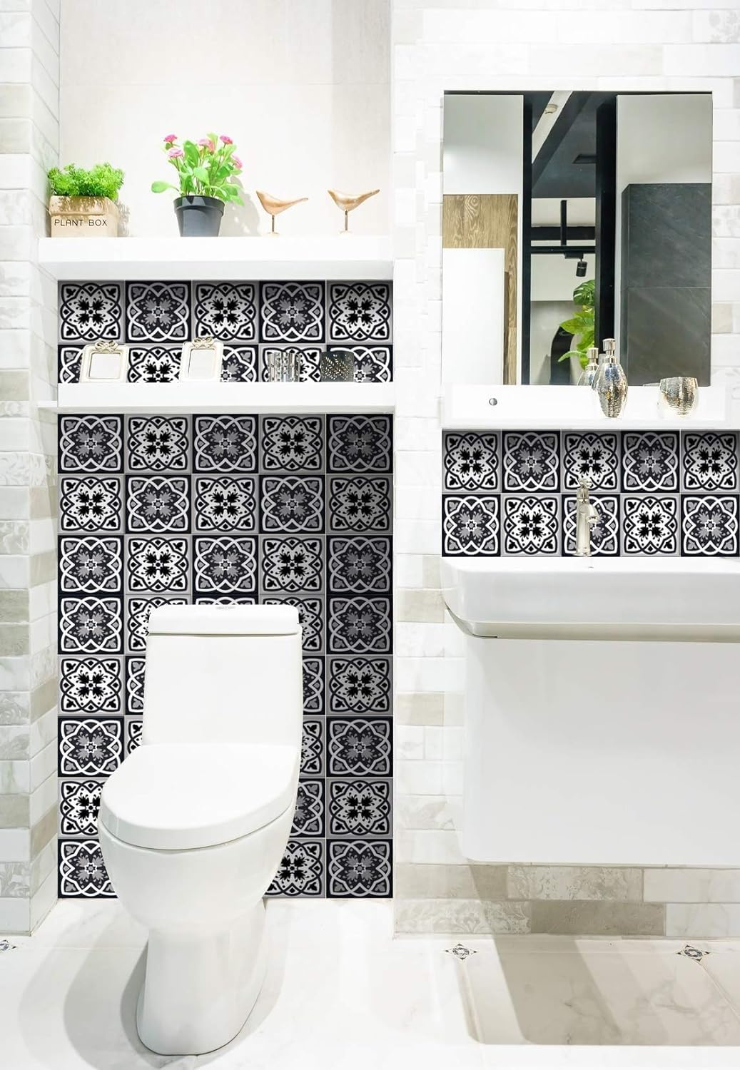 Mi Alma Black and White Tile Stickers Peel and Stick Tile Stickers 24 PC Set backsplash Tile Decals Bathroom & Kitchen Vinyl Wall Decals Just Peel Stick Home Decor (Flowers Tiles, 7x7 Inch)