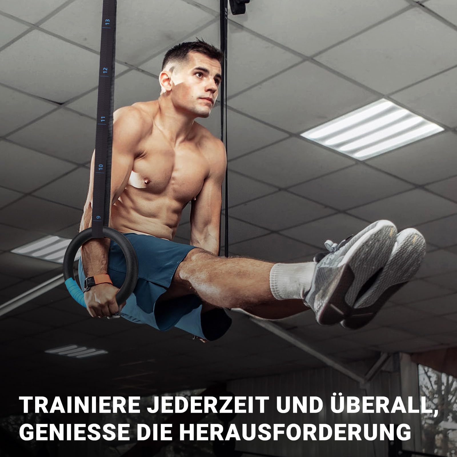 MOCOBO Turnringe, Ringe Turnen, Gym Rings, Calisthenics Ringe, Fitness, ABS Gymnastikringe mit Hochfeste Polyester-Gurtbänder, Blaues Griffband, Zinklegierungs-Schnallen für Indoor & Outdoor Training