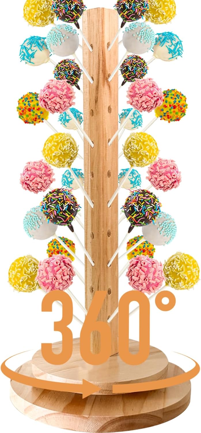 Wood Cake Pop Stand 36 Holes with Spinning Base,Cake Pop Holder Stand for Dessert Table,Lollipop Holder Candy Table Display, Dessert Stand for Wedding Birthday Baby Shower Parties Anniversaries (2 Pack)