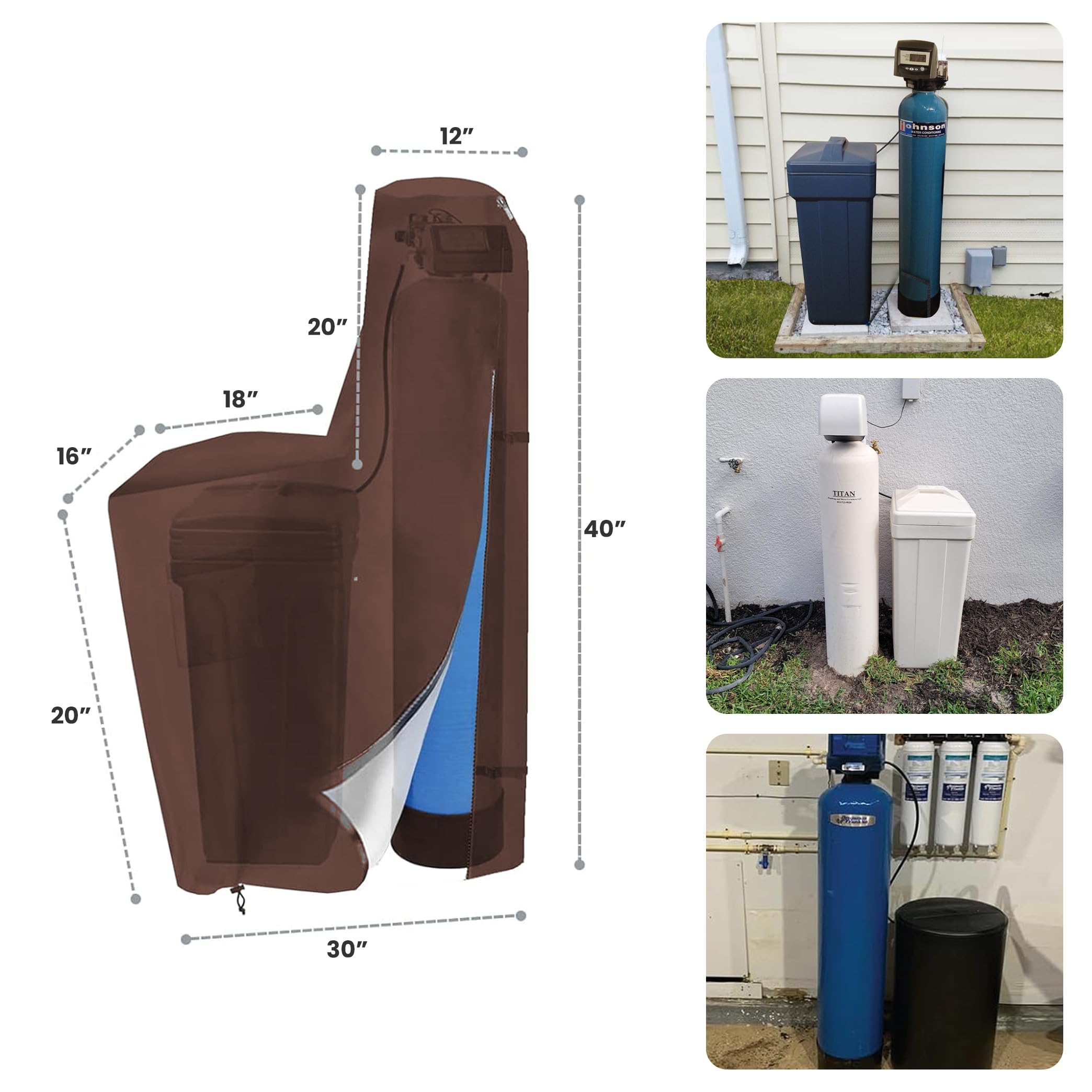 Covers & All Pokrowiec na zmiękczacz wody, 500 ml, wykonany z wodoodpornej i odpornej na promieniowanie UV tkaniny tuffowej z kieszeniami powietrznymi i dzielonym zamkiem błyskawicznym (100 cm wys. x 76 cm gł. x 40 cm gł. x gł., kawowy)