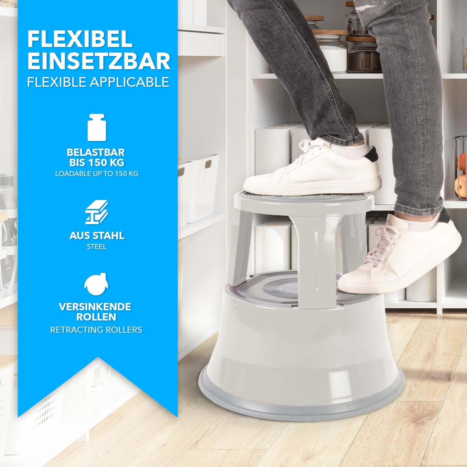 Floordirekt Taburete con ruedas, taburete escalón, pie de elefante, taburete para oficina o comercio, certificado TÜV + GS, muchos colores, plástico o acero (gris claro, metal)