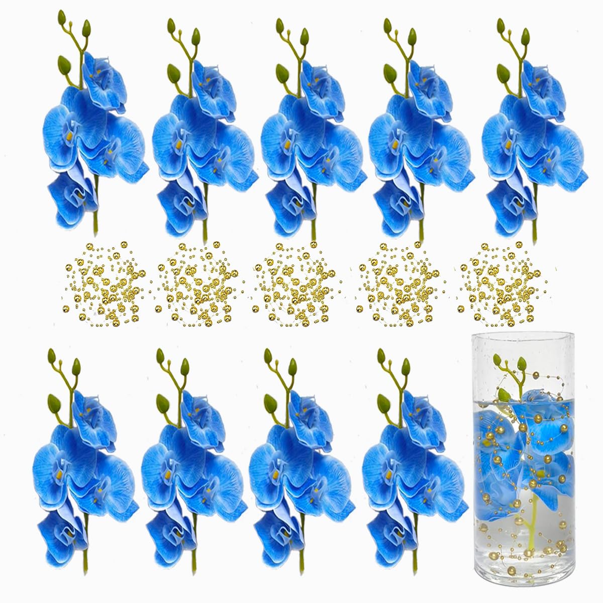 Artificial Flowers With Pearl String for Floating Candle Mini Orchid Flower Party Garland Decoration for Faux Pearls Beads String Pearl Vases Filler Wedding Centerpiece Mother's Day Party(Blue)