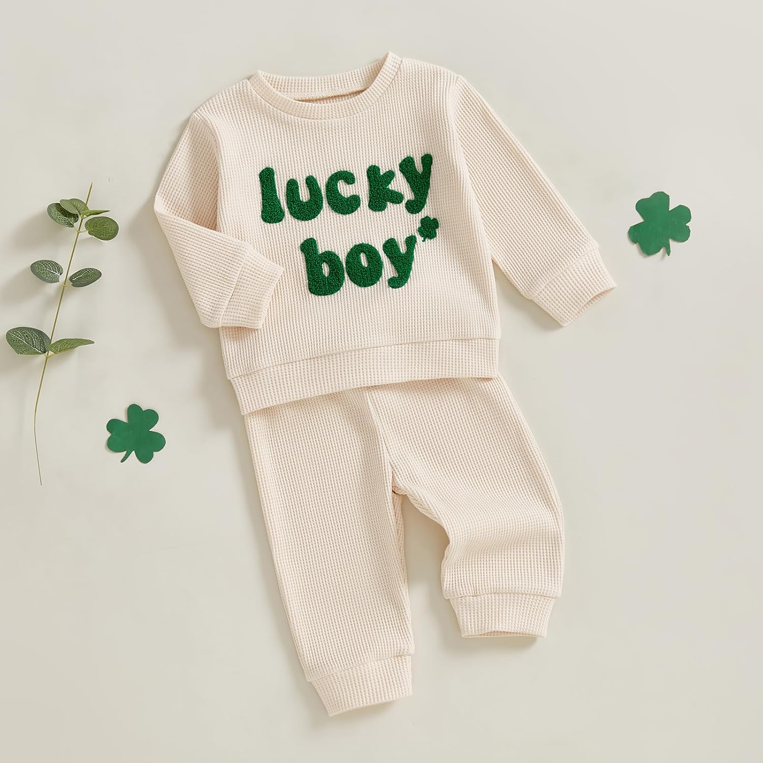 Toddler Baby Boy St Patrick's Day Outfit Embroidery Waffle Knit Sweatshirt Pants Set Infant Boy Cute Clothes - Image 2