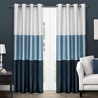 EXCLUSIVE HOME Chateau Striped Faux Silk Grommet Top Curtain Panel Pair, 54"x96", Indigo