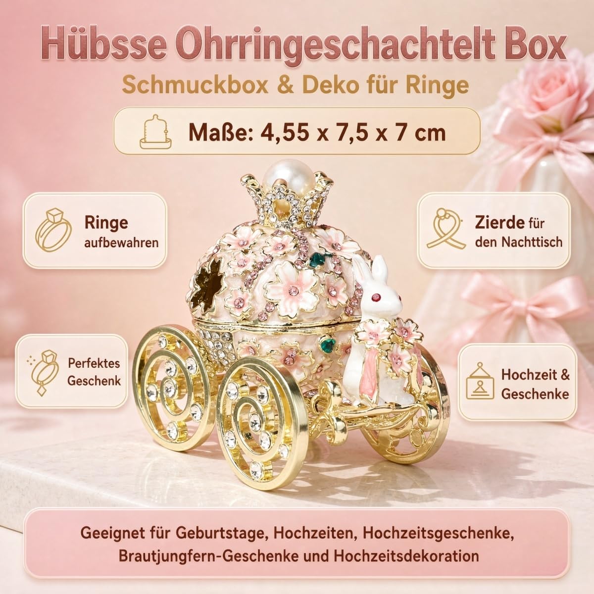 Kaninchen Kürbiskutsche Ringbox Emaille Blaue Kirschblüte (dunkelblau)