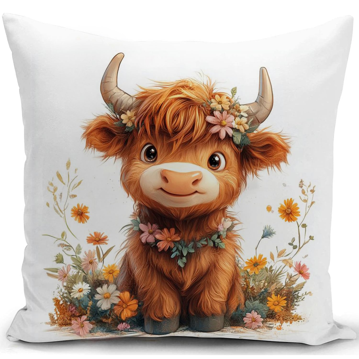 KUNQIAN Cushion Cover Highland Cow Gifts for Women Scottish Cow Taddy Cute Decor Pillow Cover Decorations for Home Livingroom Couch Sofa 18"x18"(45x45cm)
