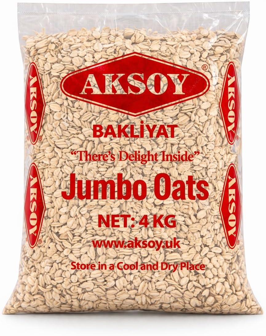 Aksoy Jumbo Oats 4KG โ 100% Wholegrain Rolled Oats, Premium Quality, Natural Flavour, High Fibre, Vegan Friendly, Ideal for Breakfast, Baking & Meal Prep