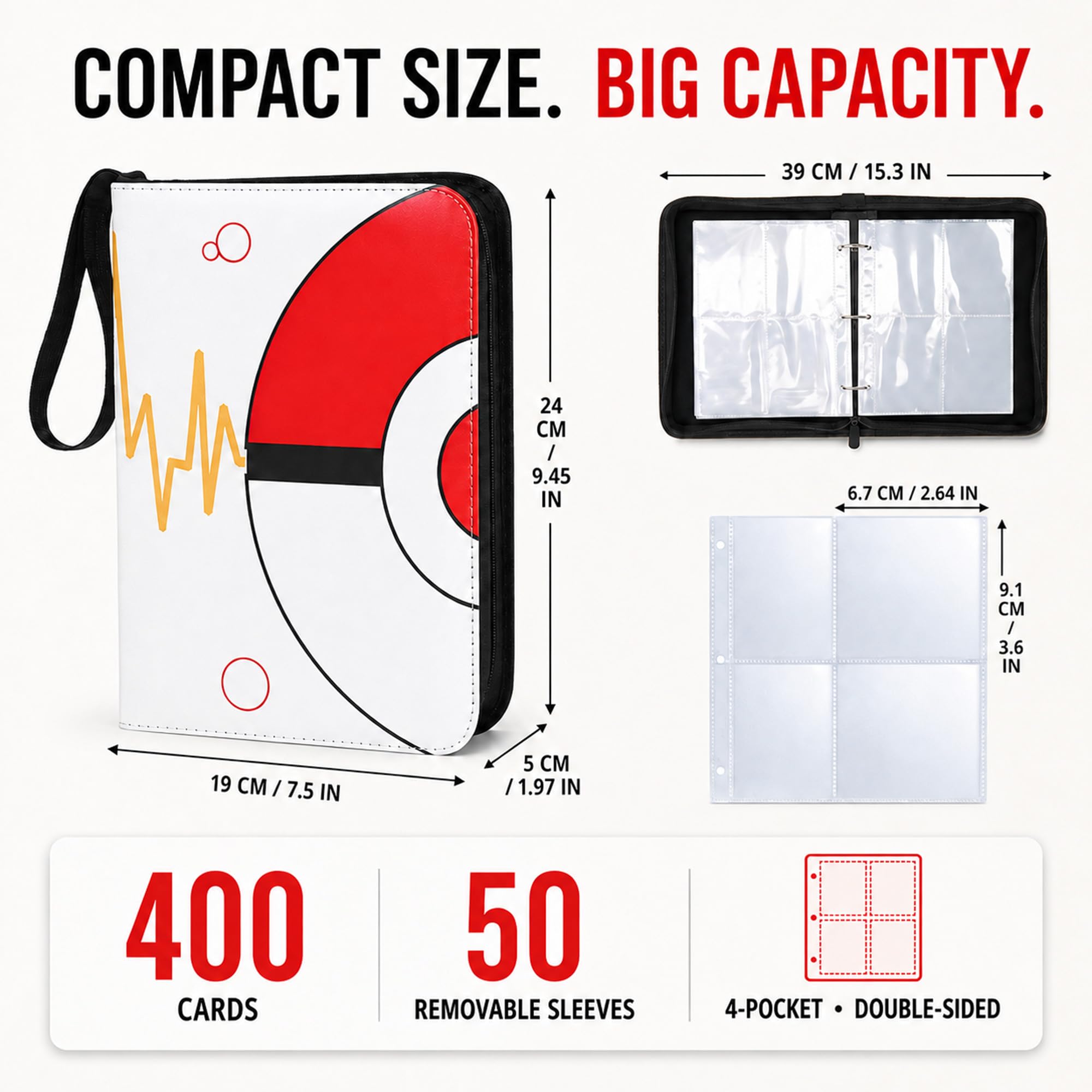 Raccoglitore di carte collezionabili con 4 tasche, album di carte da collezione con 50 maniche rimovibili, raccoglitore con cerniera per 400 carte, protezioni impermeabili per sport, TCG, carte