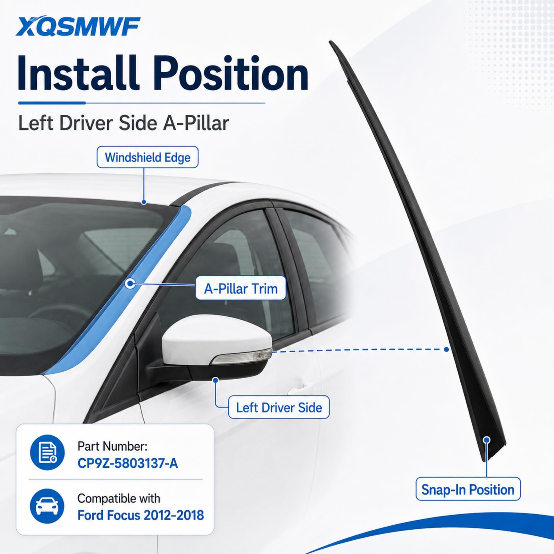 XQSMWF Moulure de pilier de pare-brise côté conducteur compatible avec Ford Focus 2012-2018 Remplace CP9Z-5803137-A CP9Z-5803136-A