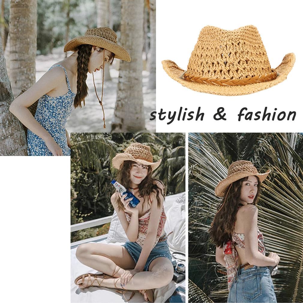 Western Cowboy Hat for Men Women Cowgirl Shapeable Wide Brim Panama Straw Sun Beach Hat Outdoor Travel Sombrero Rancher Cap