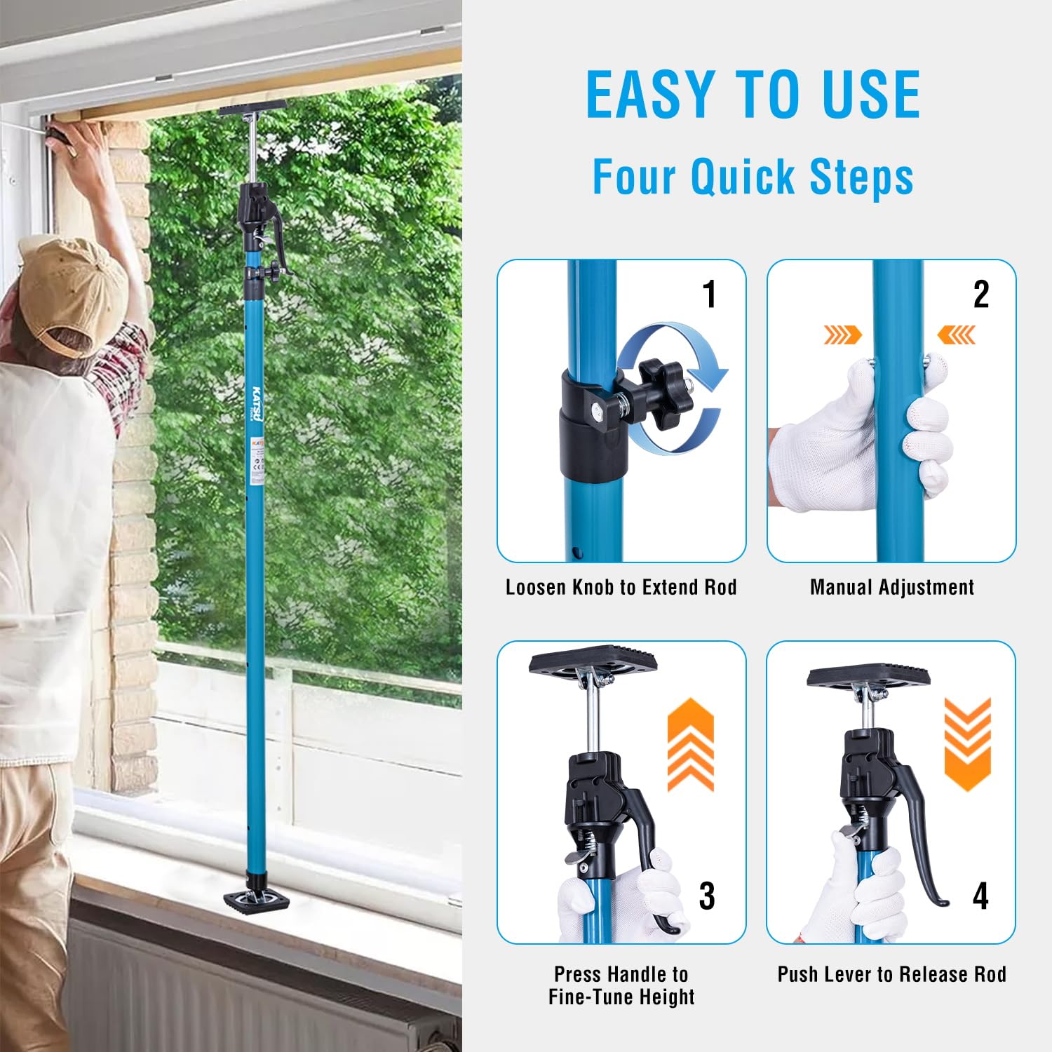 KATSU Tools - Soporte telescópico de techo (2 unidades, 125-290 cm, acero, ajuste rápido, capacidad de carga de 40 kg) para colocar, sujetar y fijar placas de yeso.