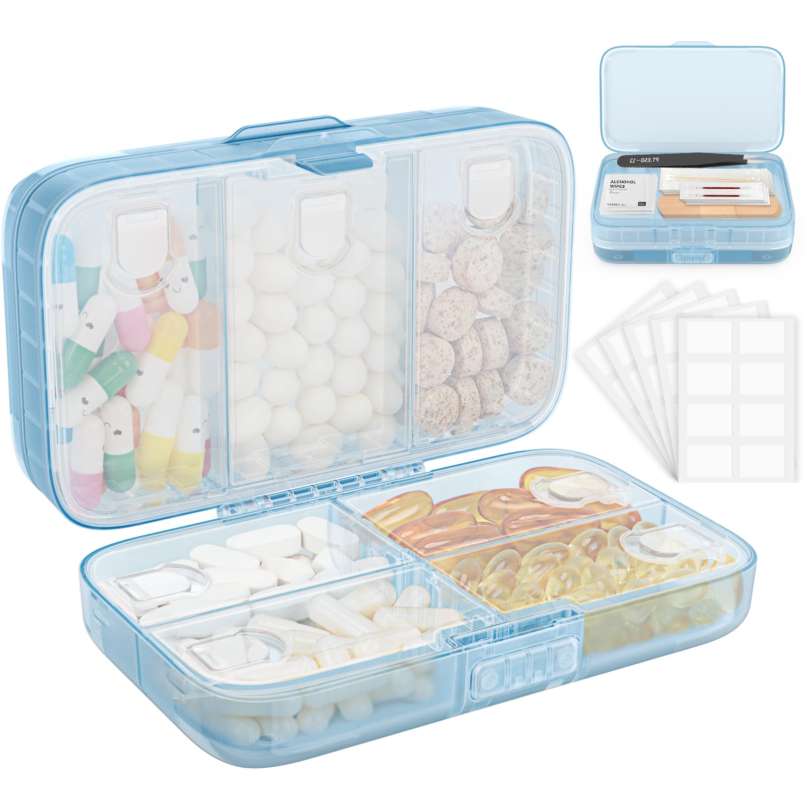 FYY Travel Pill Organizer, Large Weekly Medicine Pill Organizer-Blue | Airtight Moistureproof Medicine Case, Easy to Use, 8 Compartment Pill Box for Vitamins, Fish Oil, Supplements, Mini First Aid