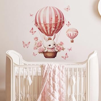 Pink Bunny Butterfly Balloon Wall Stickers Cute Rabbit Wall Decals | Removable Vinyl Peel and Stick for Baby Girls Kids Room Nursery Living Room Bedroom Toddler Room Art Home Decor