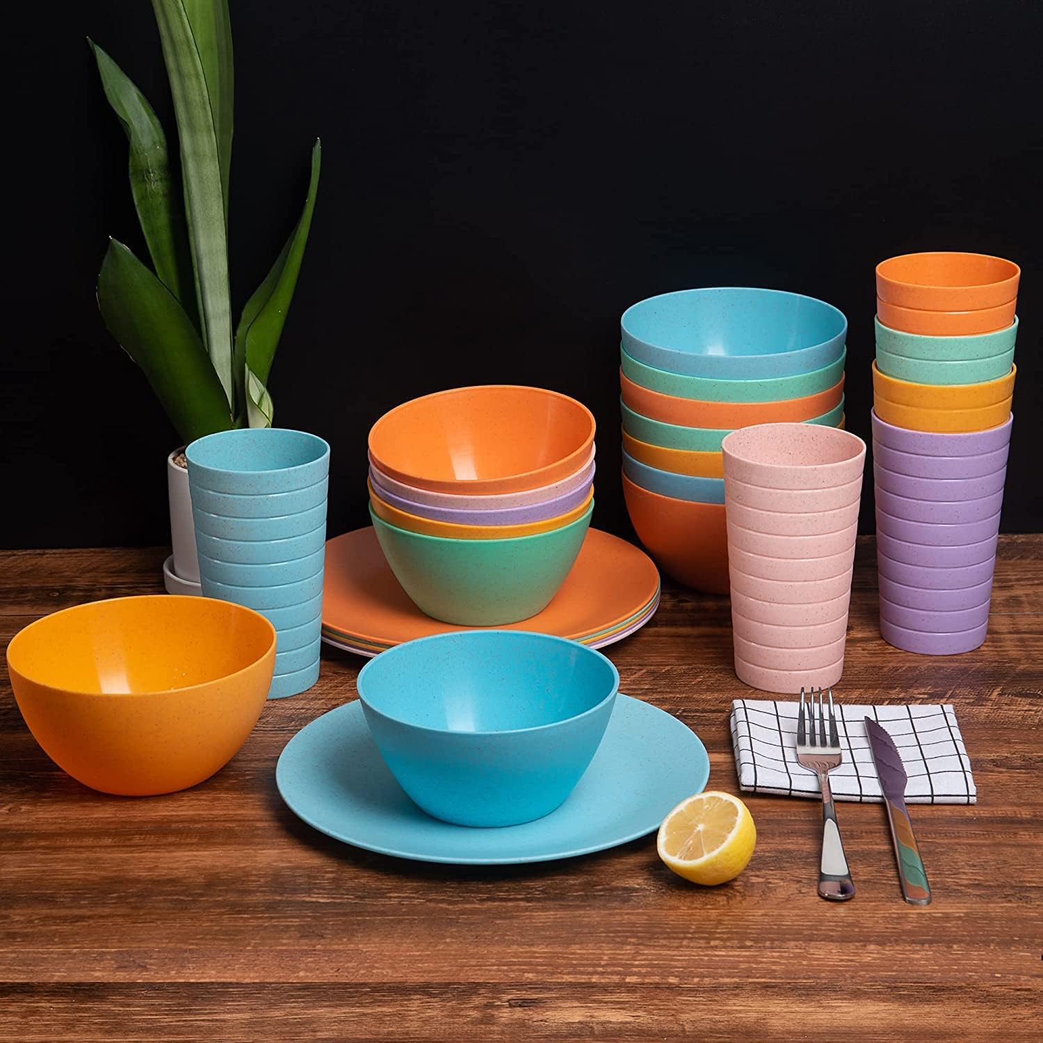 Wheat Straw Dinnerware Unbreakable Wheat Straw Tumblers, Bowls & Plates Dinnerware Set | Set of 18 in 6 Assorted Color | Dishwasher safe , BPA Free