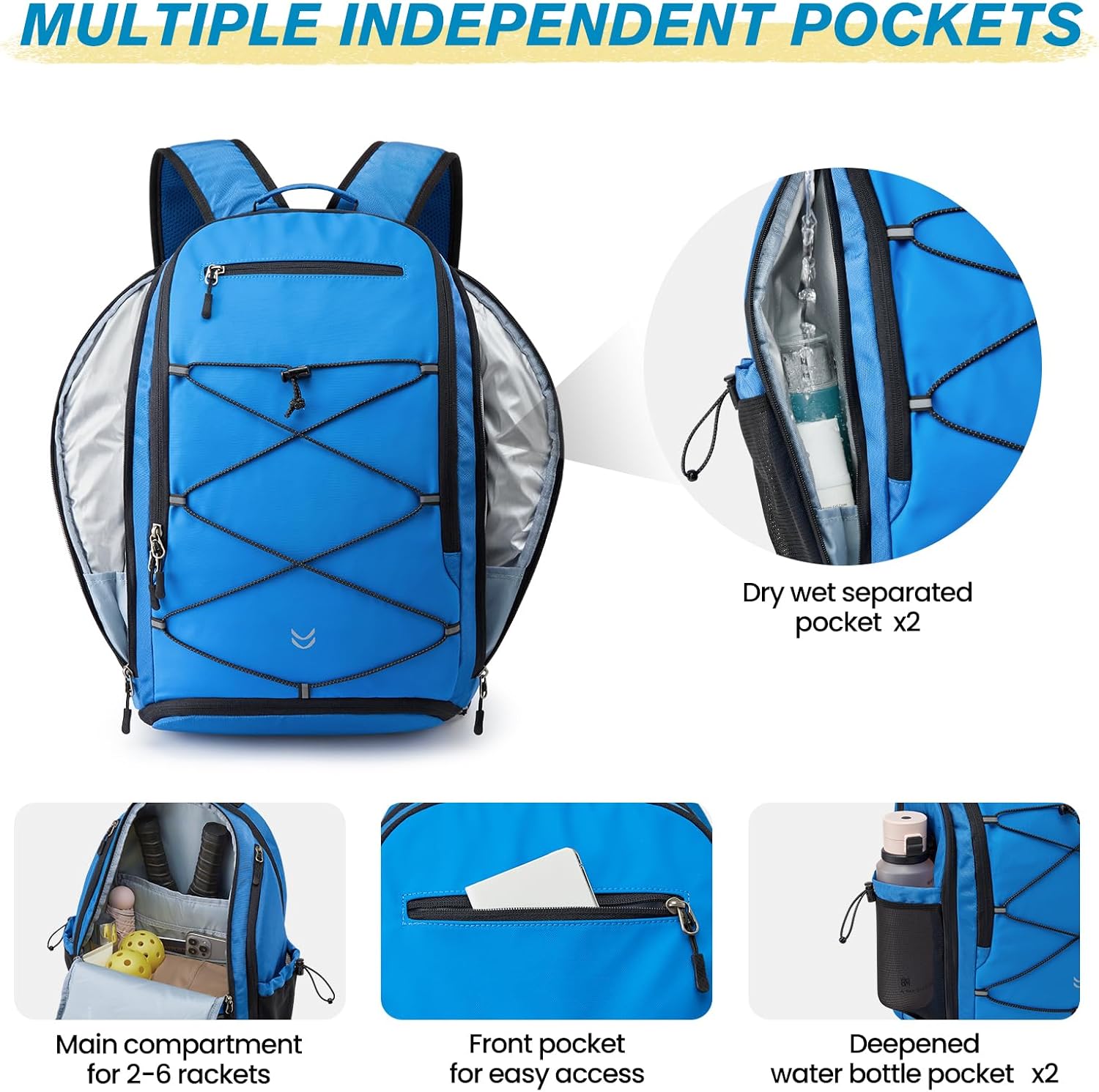 G4Free Pickleball Bag Pickleball Backpack for Women & Men School Backpack for Teens Bookbag for College Student with Fence Hook Laptop Compartment(Blue)