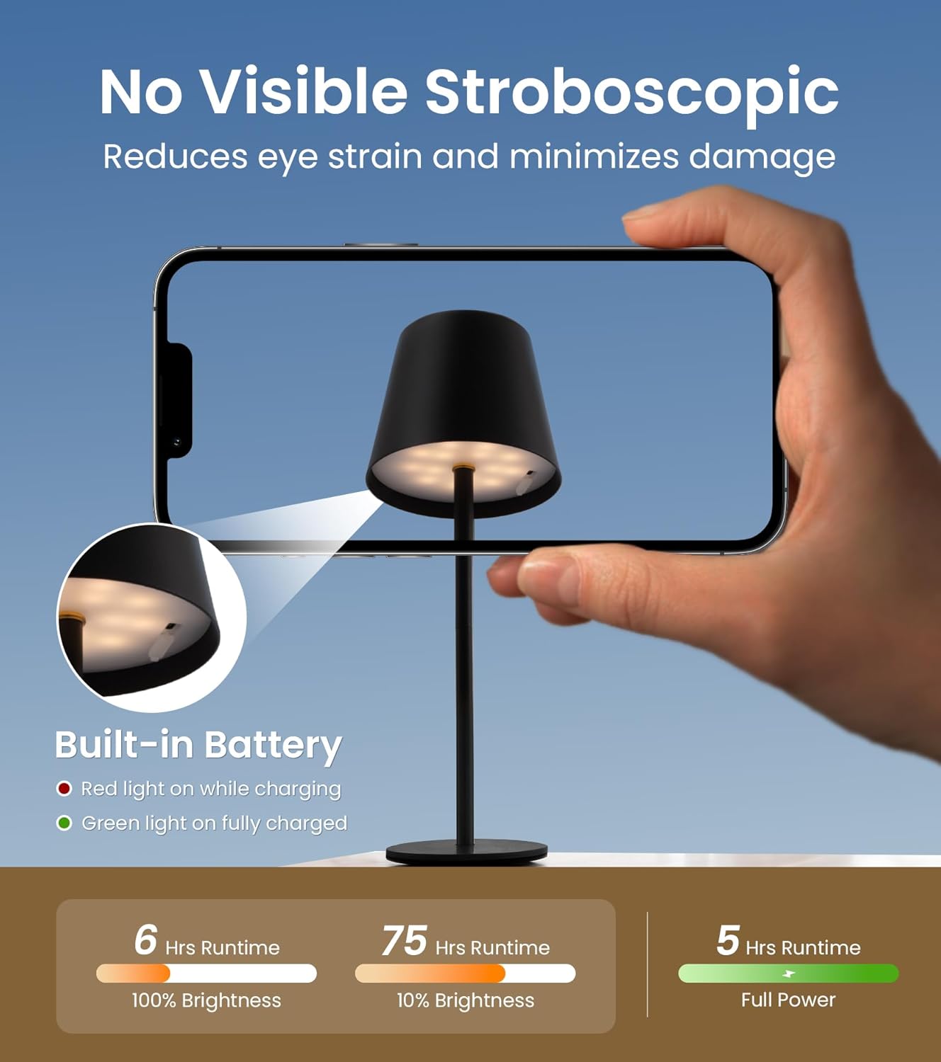 3 Pack Cordless Table Lamp, Portable Battery Operated Lamp with 3 Color Temps and Stepless Dimming, Rechargeable Table Lamp for Dinner, Desk, Cafe, Outdoor (Black) - Image 7