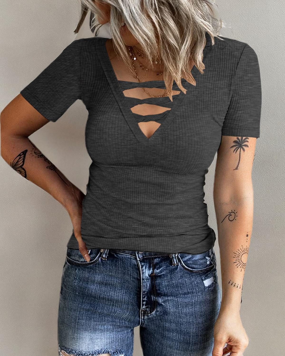 Women Casual Short Sleeve Tunic Tops V-Neck T Shirts Criss Cross Ribbed Slim Fitted Blouse - Image 3