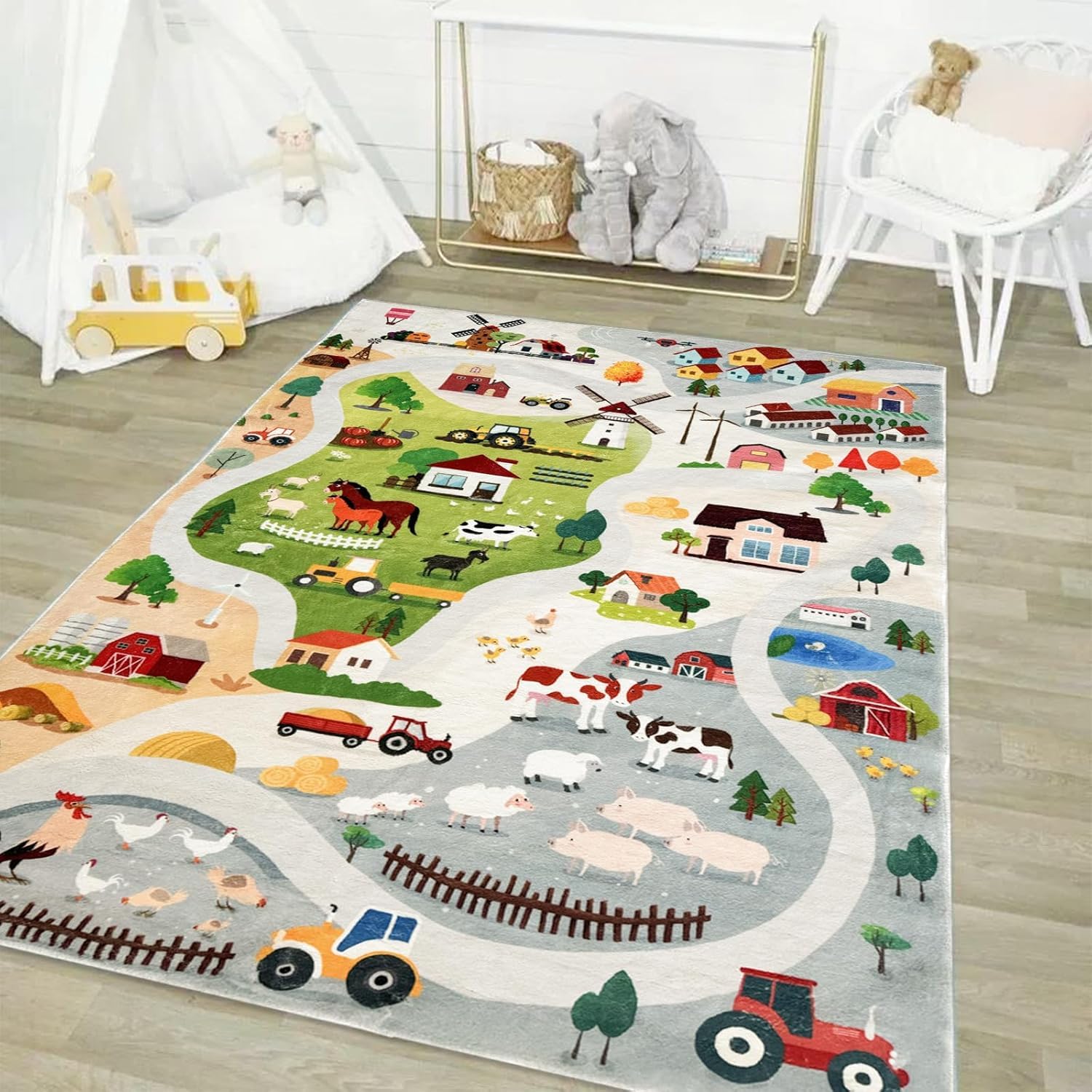 Spielmatte Bauernhoftiere Teppich Für Jungen Straßen Autoteppich Fahrzeugspur Teppich Für Schlafzimmer Spielzimmer Heimdekoration (1,180 x 240 cm)