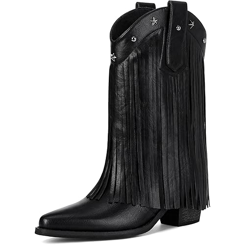 Fringe Cowboy Boots for Women – Mid Calf Cowgirl Boots with Star Studded, Pointed Toe and Chunky Heel, Perfect for Country Music Festivals