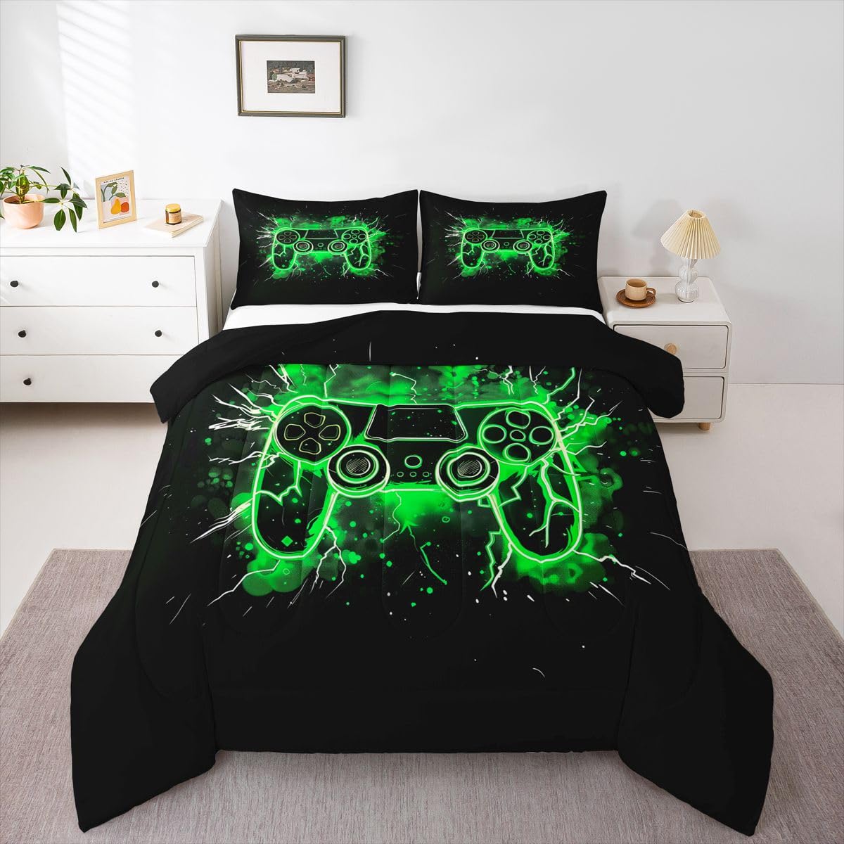 Homemissing Gamer kołdra zestaw pościeli do gier dla dzieci chłopców dziewcząt nastolatków wystrój pokoju gier wystrój king size nowoczesna konsola do gier kontroler zielony 3 szt. oddychająca miękka