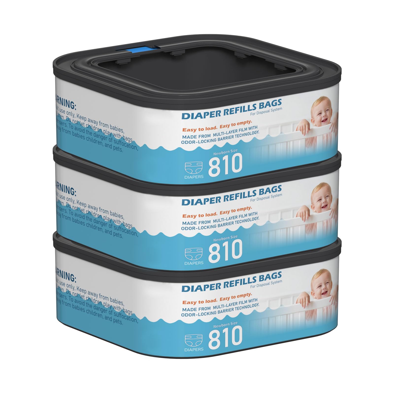 Jumbo Square Refills Disposal Bags Refill Compatible with Diaper Genie Classic, Compact and Select Pails, Hold Up to 810 Newborn-Sized Diapers Per Refill, Pack of 3