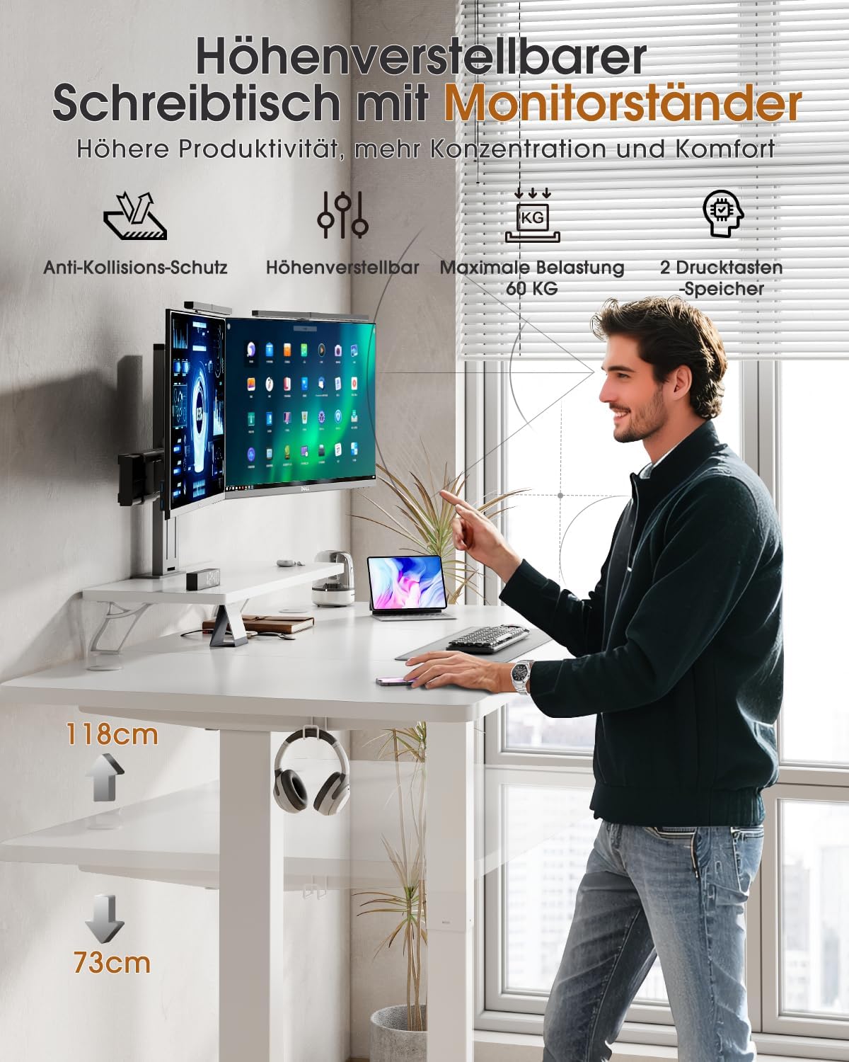 User adjusting height of desk with monitor stand