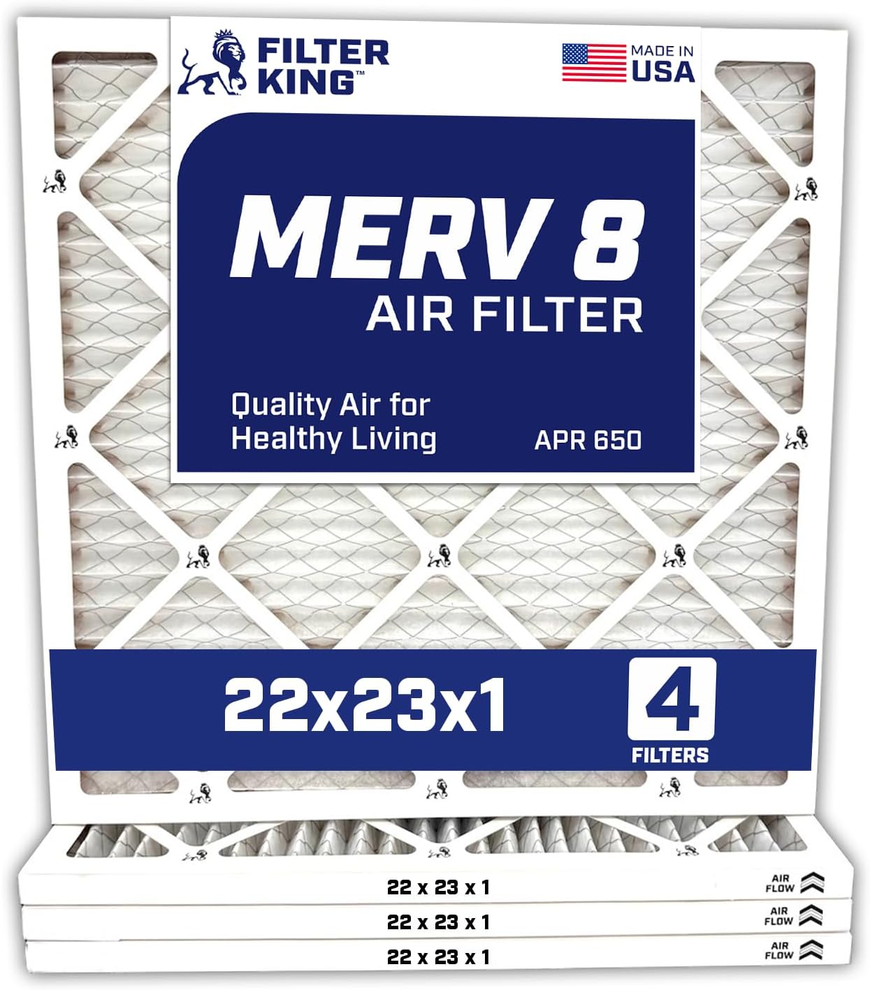Filter King 22x23x1 Air Filter | 4-PACK | MERV 8 HVAC Pleated A/C Furnace Filters | MADE IN USA | Actual Size: 22 x 23 x .75"