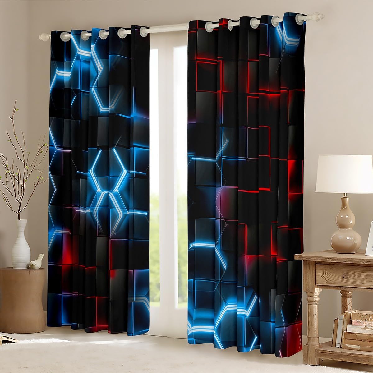 Feelyou Blue and Red Darkening Drapes (2 Panels, 42 x 84 Inch) Honeycomb Curtains Living Room Hexagon Theme Blackout Curtains Geometrical Beehive Window Treatments