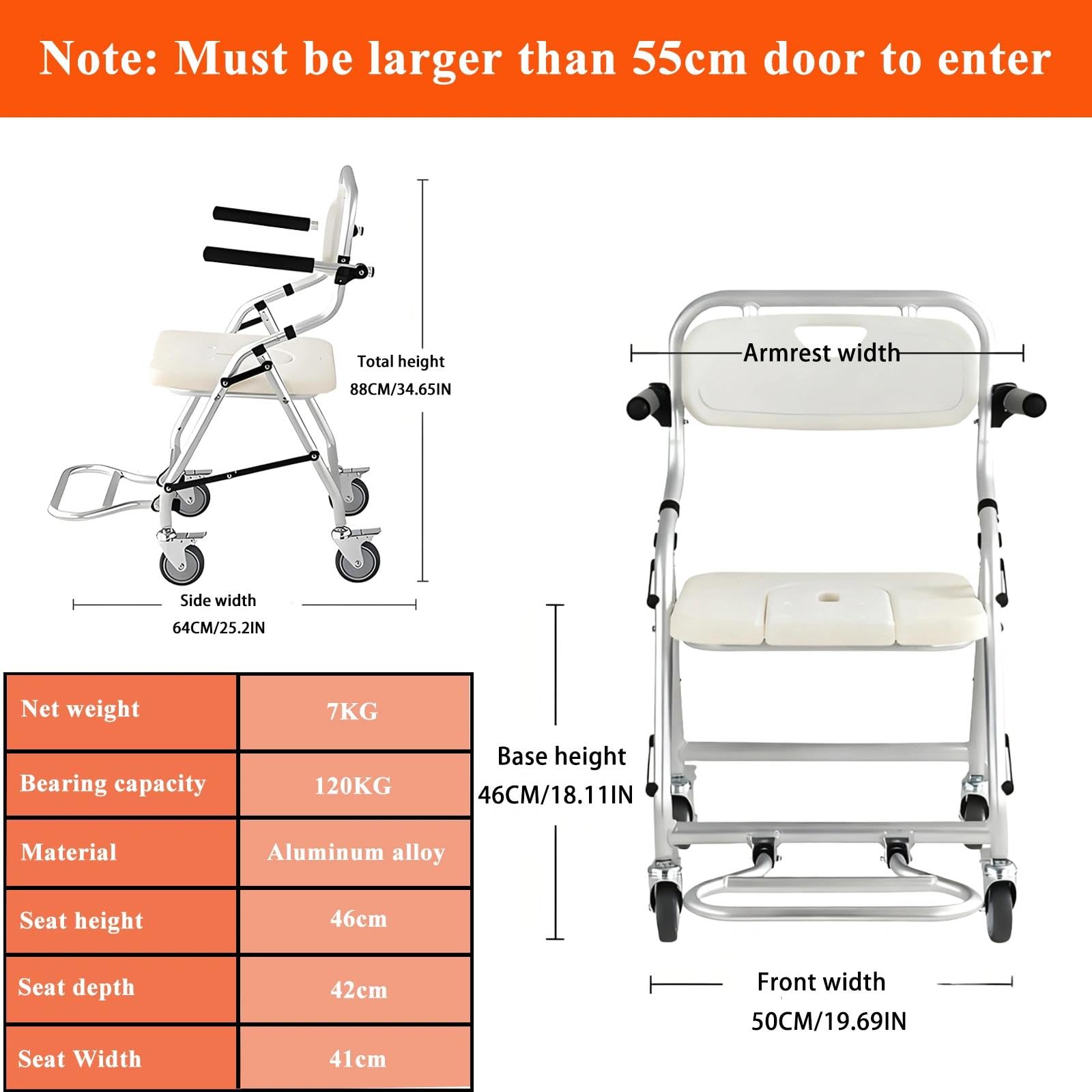 Silla de Ducha para Personas Mayores, 3 en 1 Silla Ducha WC con Ruedas Plegable, Taburetes de Ducha con Brazos Plegables y Reposapiés Plegables para Discapacitados, Carga Máxima 120 kg