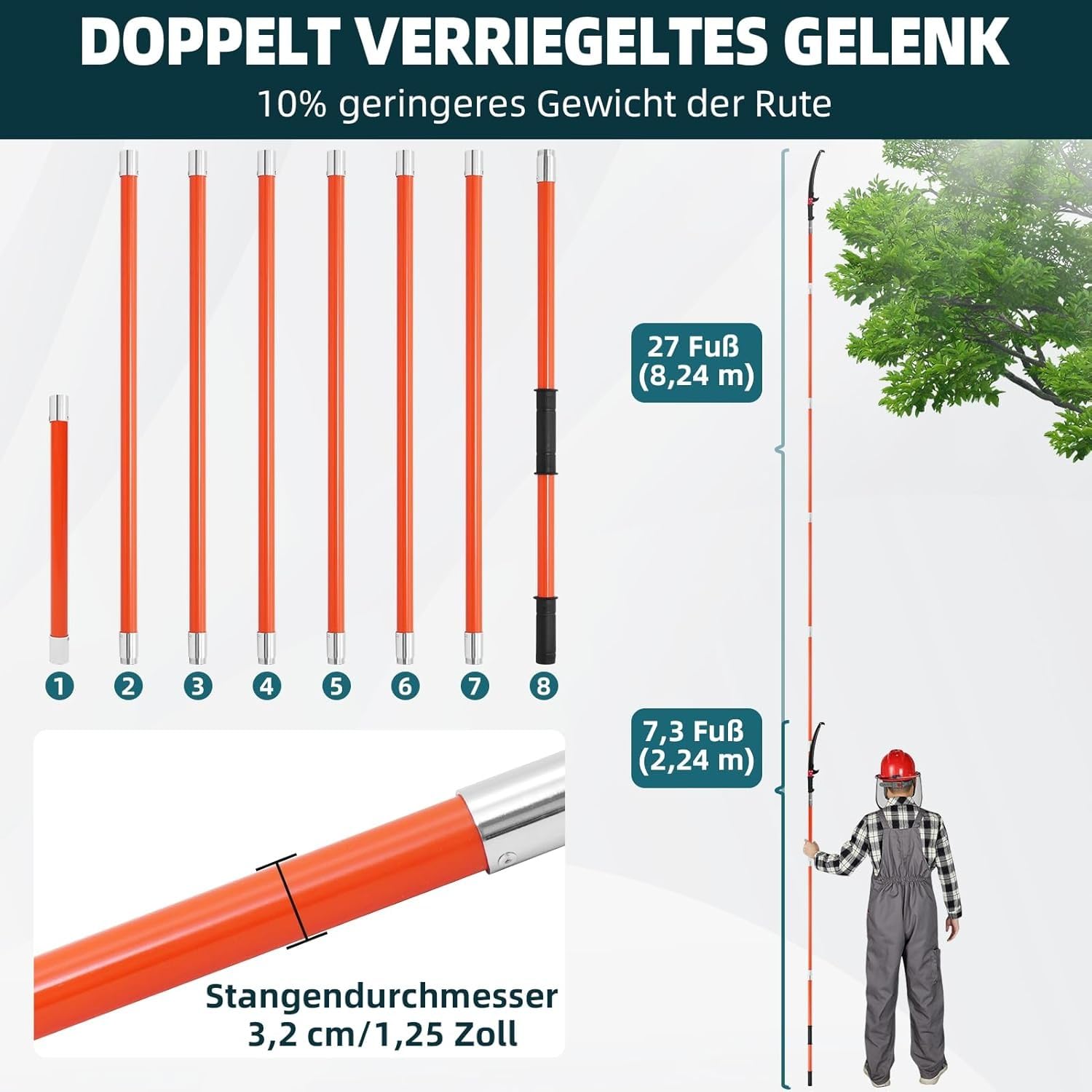Podadora Telescópica de Altura Profesional, Pertiga Telescópica Ajustable 2.24-8.24m, Cortasetos Telescópico con Hoja de Aleación de Acero Inoxidable, Podadora de Altura para Jardinería, Poda de Árbol