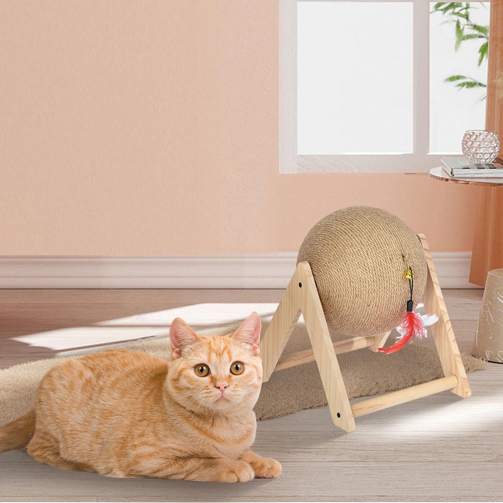 Tiragraffi per gatti con pallina, giocattolo, supporto in legno, a forma di V, per occupare i gatti