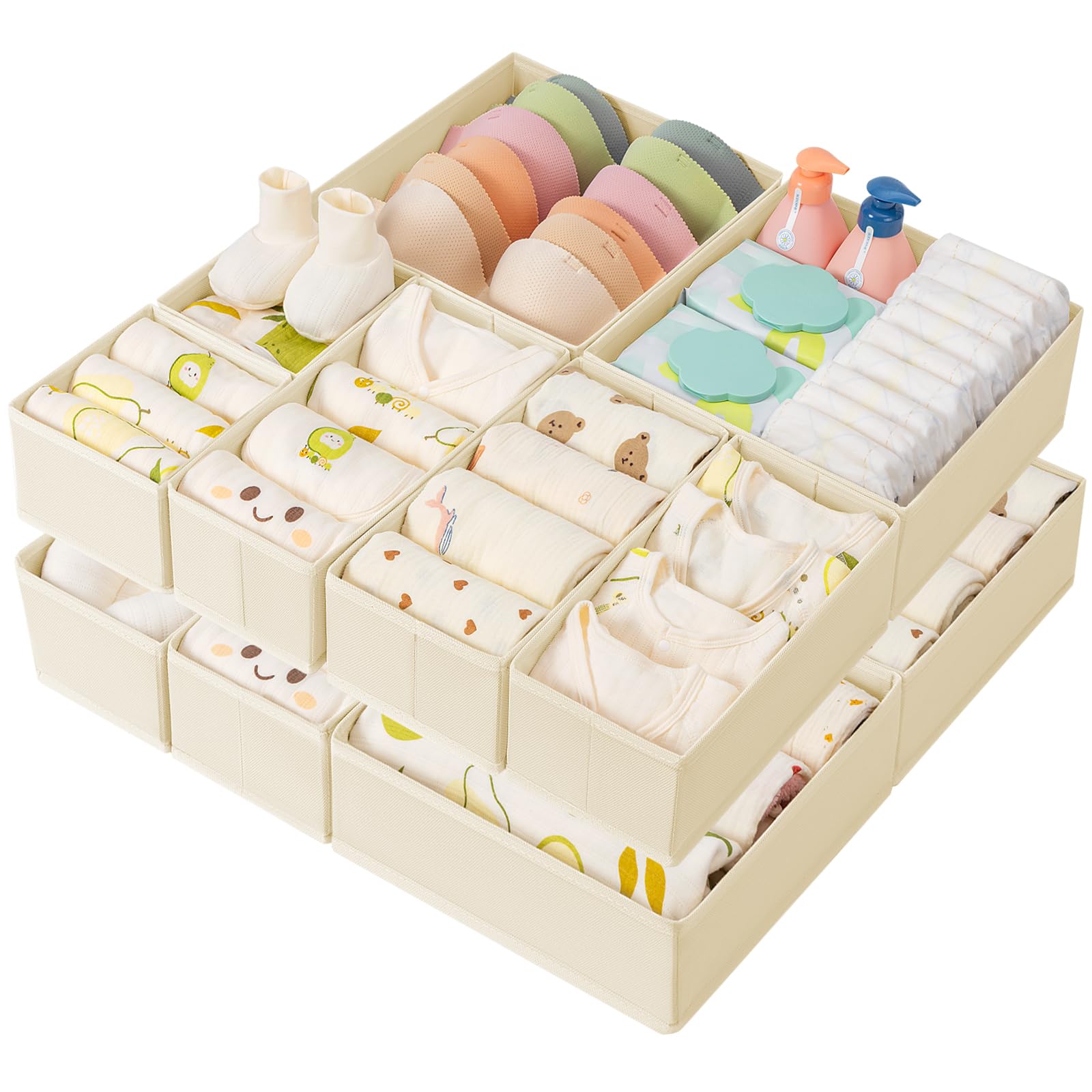 DIMJ Organizer do szafy na bieliznę – szuflady na ubrania Drawer organizer do szuflady, 12 sztuk ubrań dla niemowląt, spodni, skarpet, beżowy
