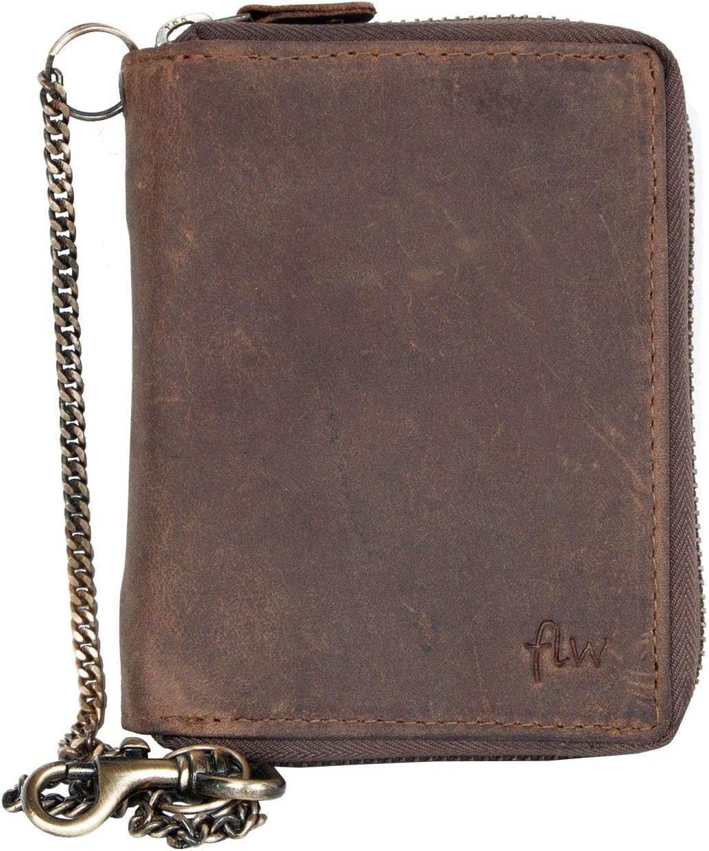 FLW Genuine Leather Wallet with Metal Zip-Around (Zipper Around) with Chain to Hang